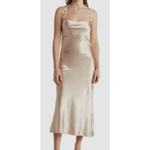 Avantlook Strappy Satin Midi Slip Dress Open Tie Back Soft Gold Sexy Sz L NEW